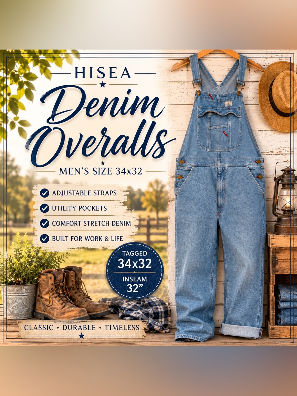 HISEA Men’s Denim Bib Overalls 34x32 Light Wash Utility Workwear Carpenter Denim - Picture 2 of 16